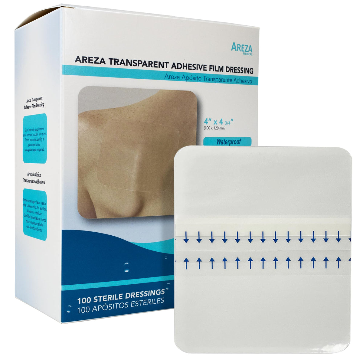 Areza Medical transparent dressing box packaging with sterile, individually wrapped dressings for hygiene.