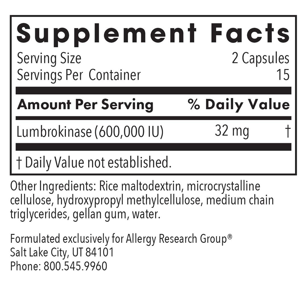 ARG Lumbrokinase label highlights gluten-free and non-GMO credits.
