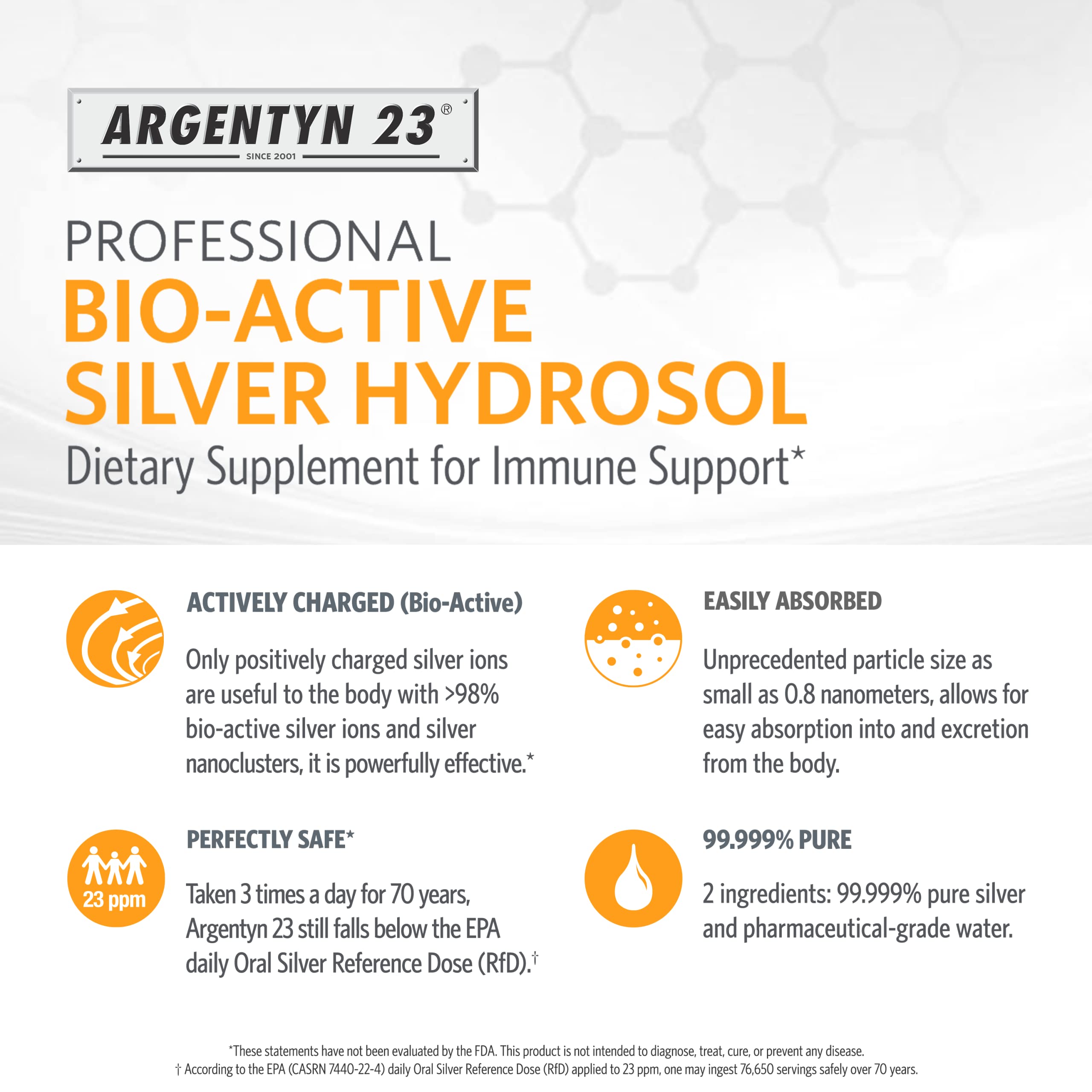 Close-up reference to 0.8 nm silver particle size for fast absorption.