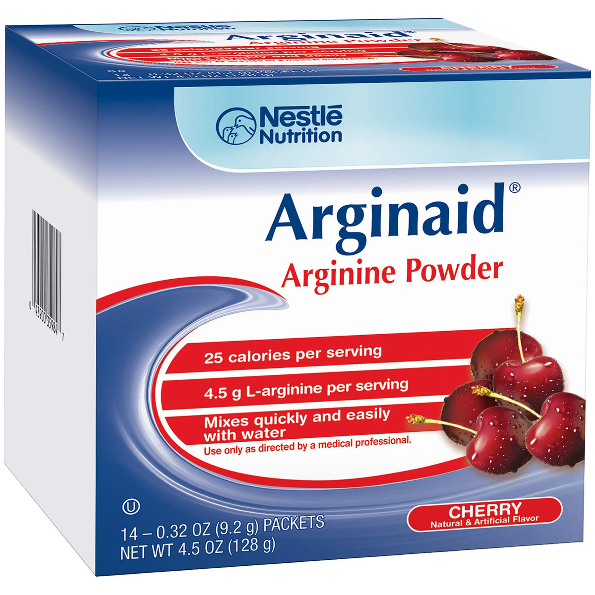 Arginaid Arginine cherry powder drink mix packaging highlights 4.5 g per serving.