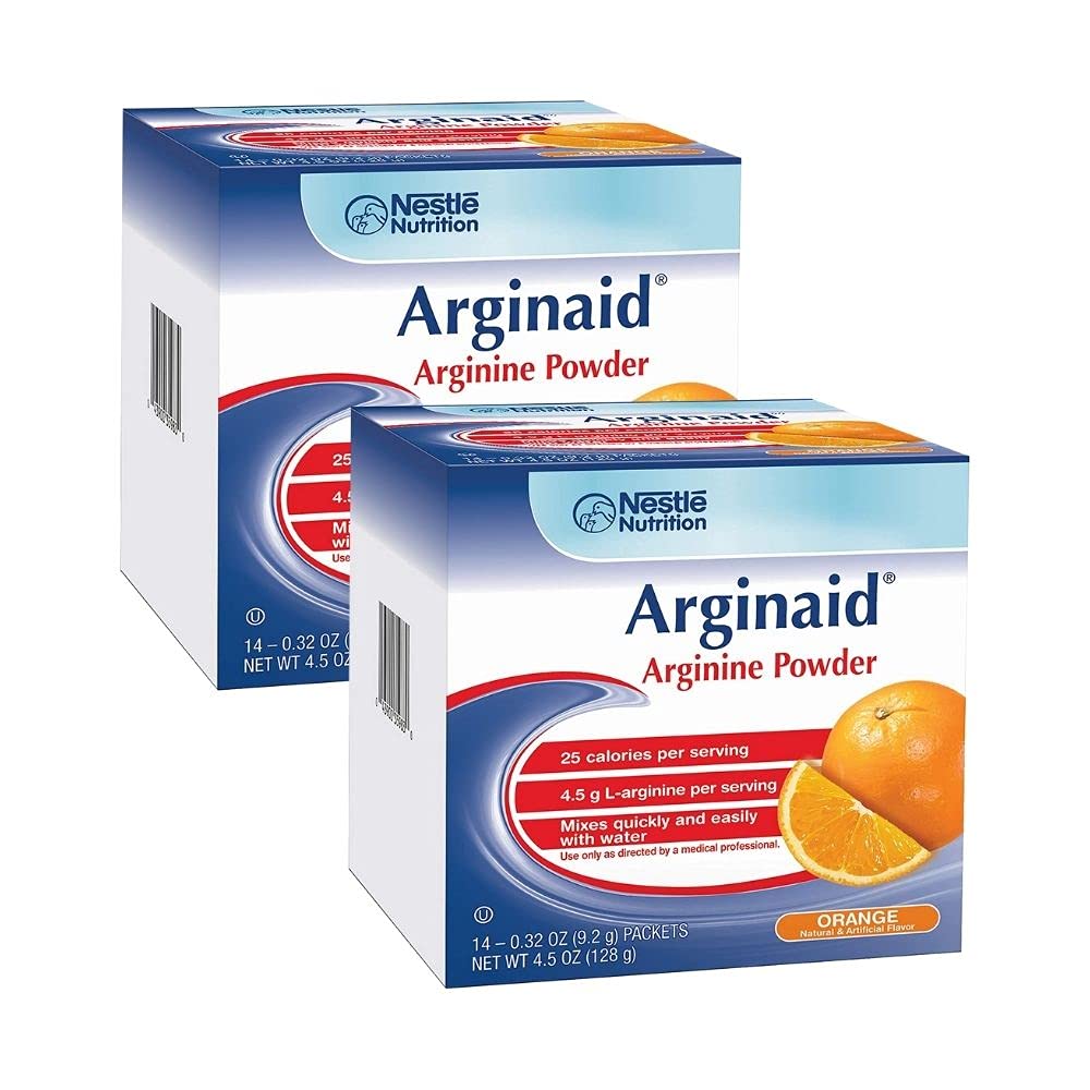 Arginaid Arginine powder orange drink mix package display for easy nutrition