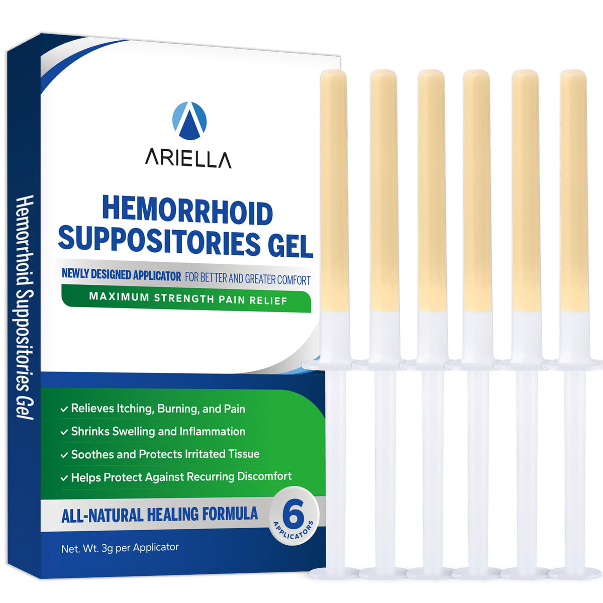 Ariella hemorrhoid gel pack of six with hygienic pre-filled applicators for mess-free use.