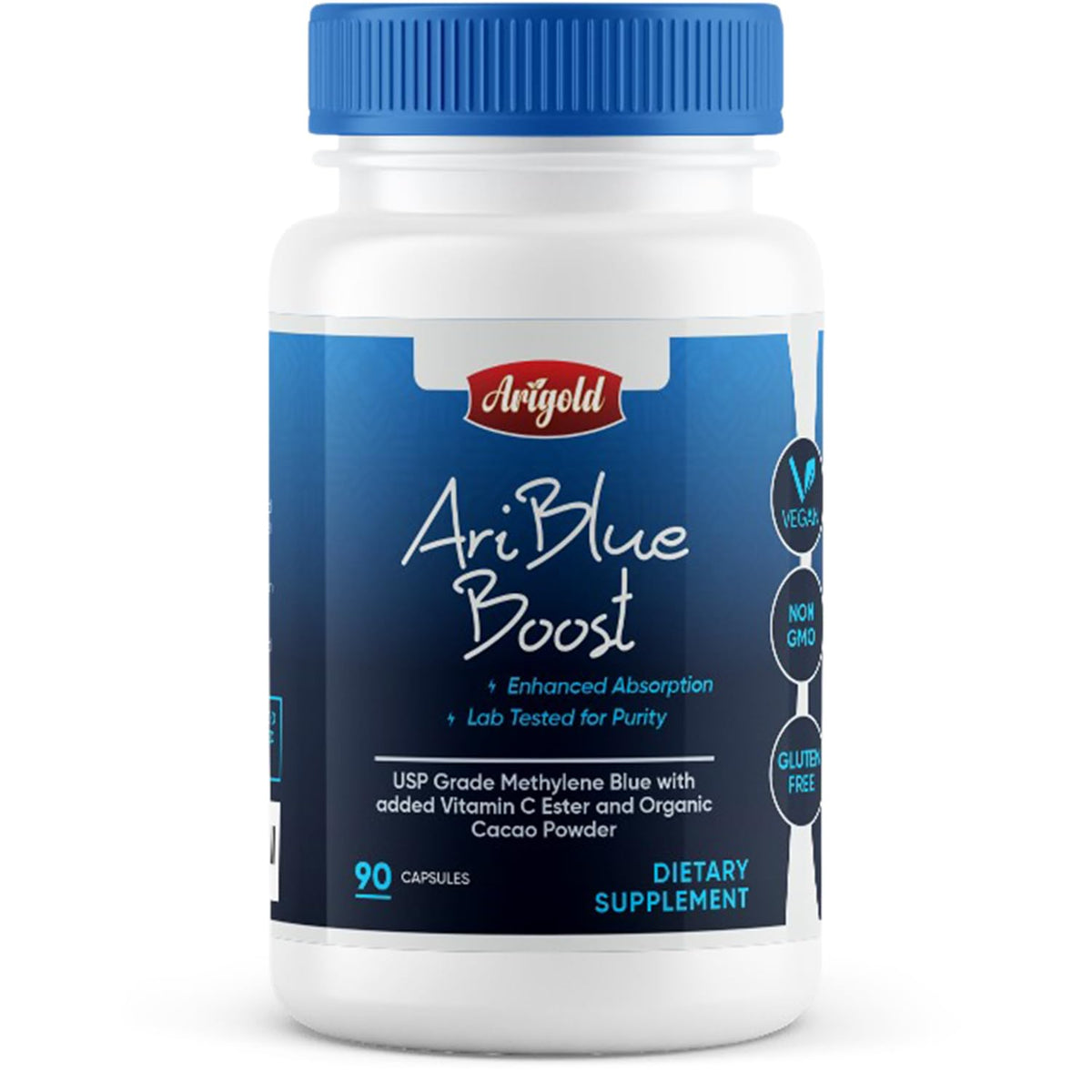 Arigold Methylene Blue 24mg bottle, capsules for daily focus.