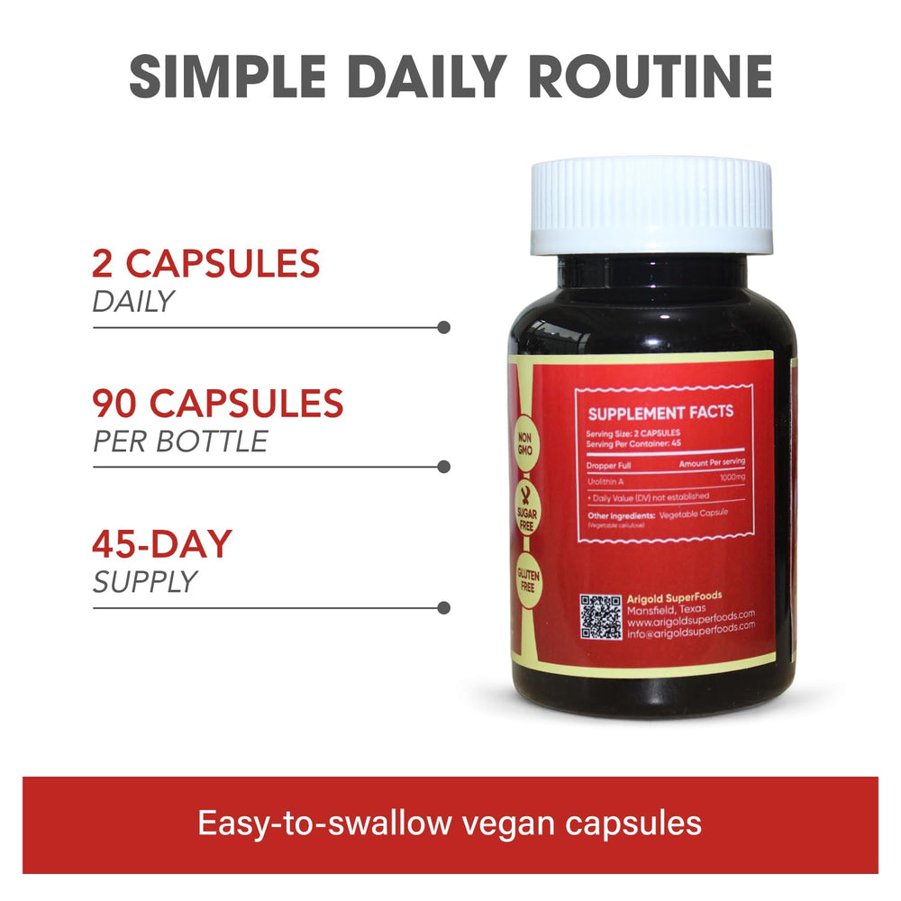Arigold Urolithin A PRO vegan label indicating clean formulation.