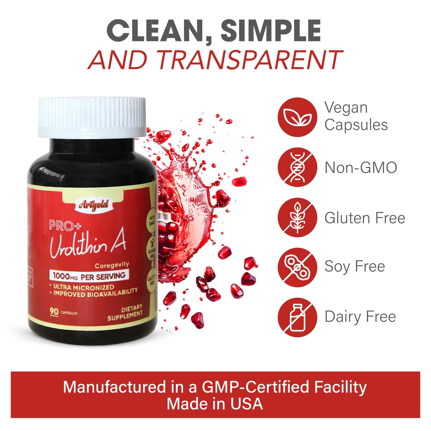 Arigold Urolithin A PRO label detail emphasizing vegan, non-GMO formula.