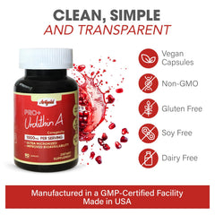 Arigold Urolithin A PRO label detail emphasizing vegan, non-GMO formula.