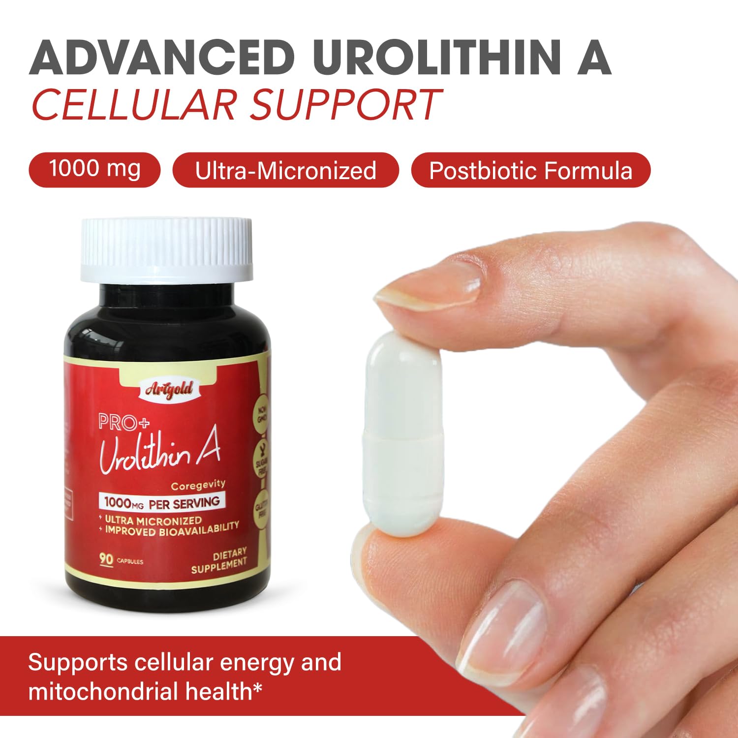 Arigold Urolithin A PRO made-in-USA badge highlighting quality assurance.