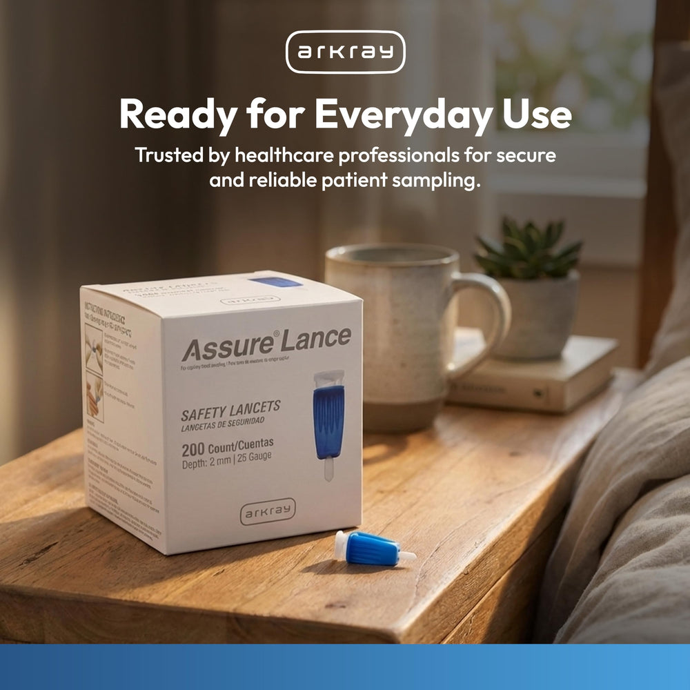 ARKAY Assure Lance 25G lancet box view highlights ample sterile supply.