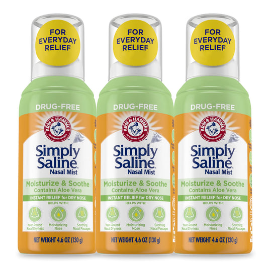 Arm & Hammer Simply Saline Mist bottle front shows a drug-free nasal moisture option.