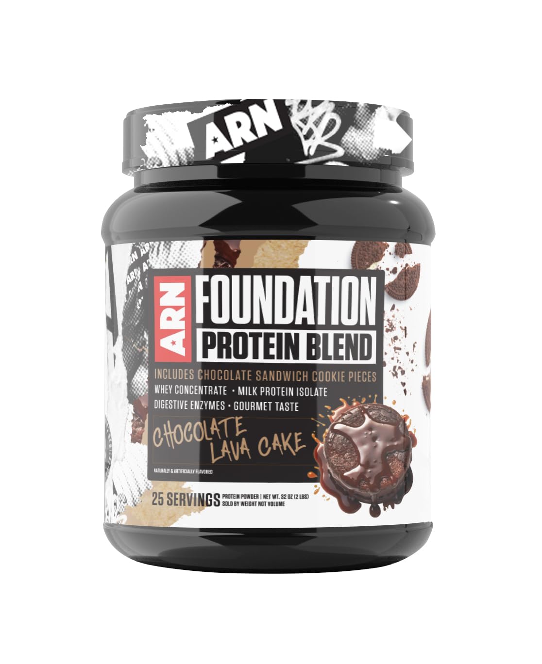Arms Race Foundation Protein Blend bottle shows chocolate lava cake flavor for post-workout recovery.