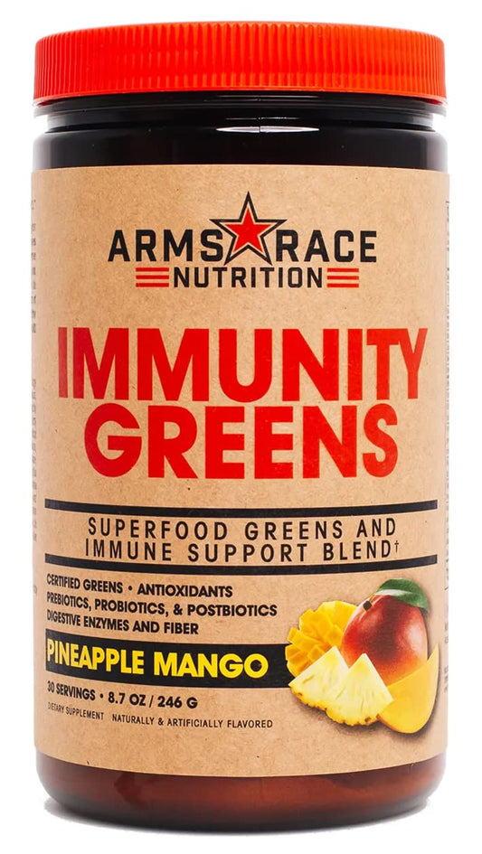 Arms Race Immunity Greens bottle front in Pineapple Mango flavor, supports daily wellness