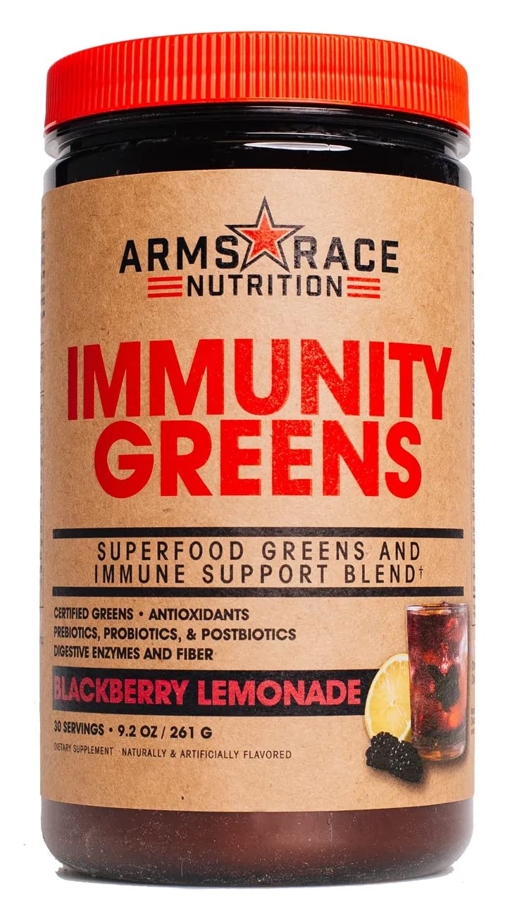 Arms Race Immunity Greens bottle front for convenient immune support.