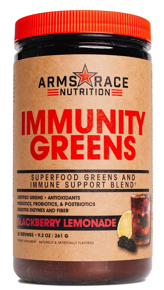 Arms Race Immunity Greens bottle front for convenient immune support.