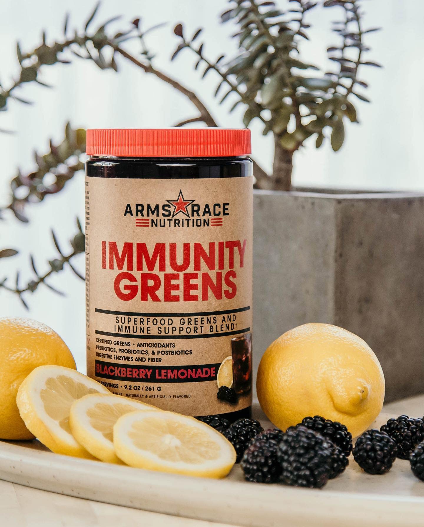 Arms Race Immunity Greens label closeup shows nutrients and blends.