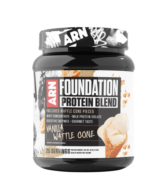 Arms Race ARN Foundation Protein Blend Vanilla Waffle Cone tub highlights quick, tasty protein option
