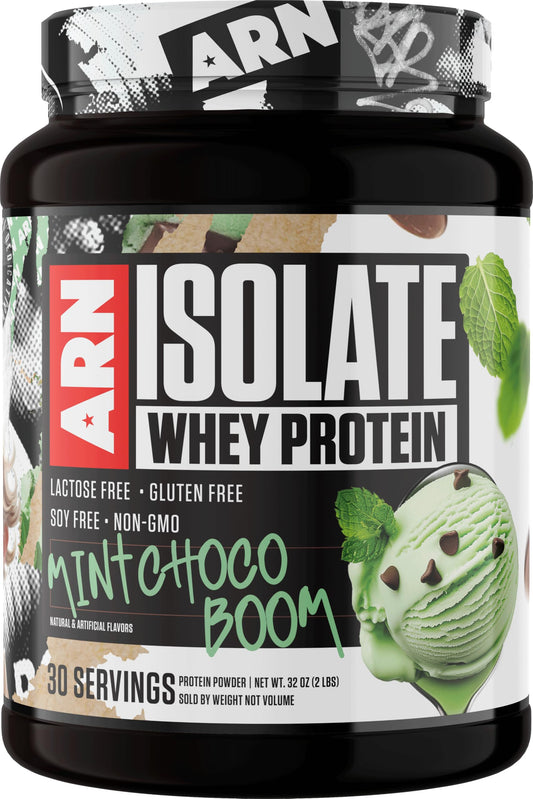 Arms Race ARN Isolate Mint Chocolate Boom bottle ideal for post-workout protein.