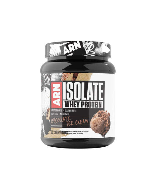 Arms Race ARN Isolate Whey Protein container with Chocolate Ice Cream flavor for workouts