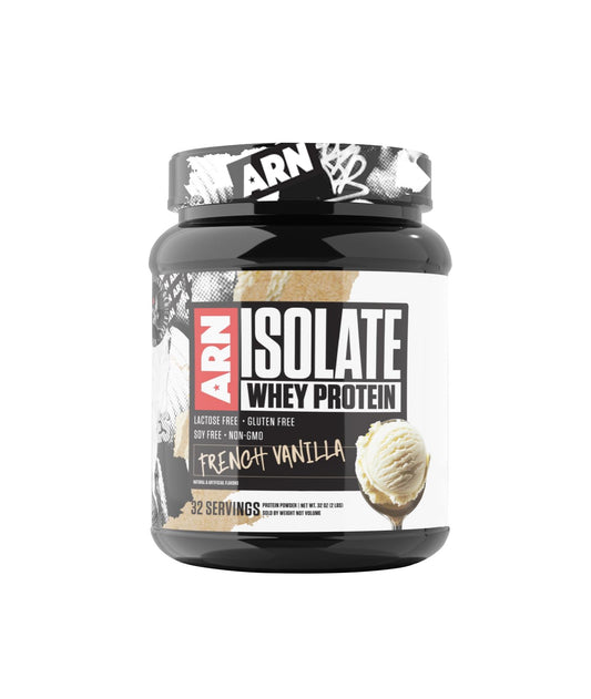 Arms Race Nutrition Isolate Whey French Vanilla bottle pour showing quick-mix post-workout protein