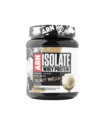 Arms Race Nutrition Isolate Whey French Vanilla bottle pour showing quick-mix post-workout protein