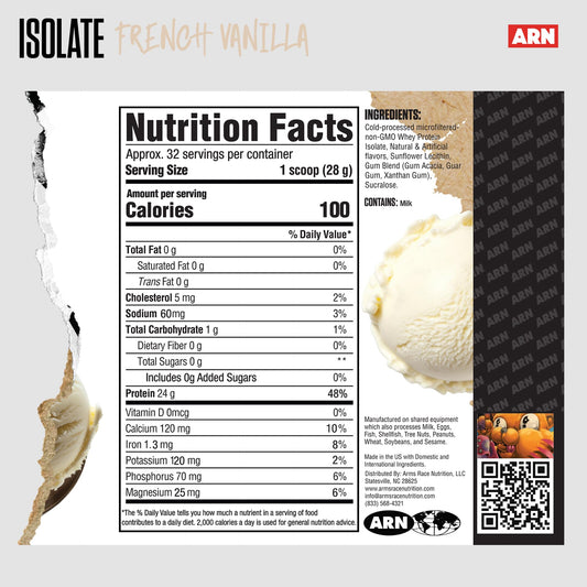 Arms Race Nutrition Isolate Whey French Vanilla scoop for precise daily protein portions