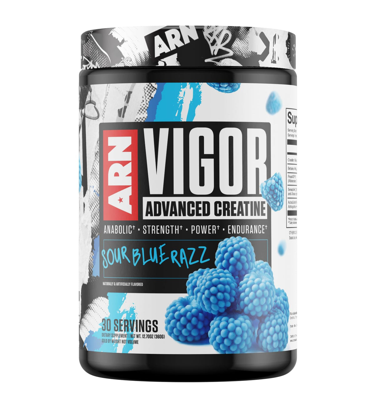 Arms Race Nutrition Vigor bottle shows 30 servings for daily workouts