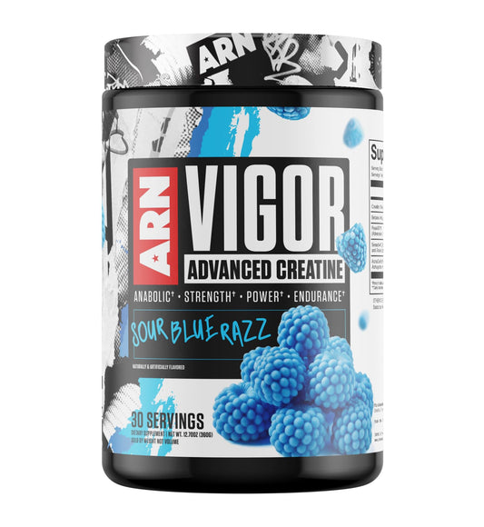 Arms Race Nutrition Vigor bottle shows 30 servings for daily workouts