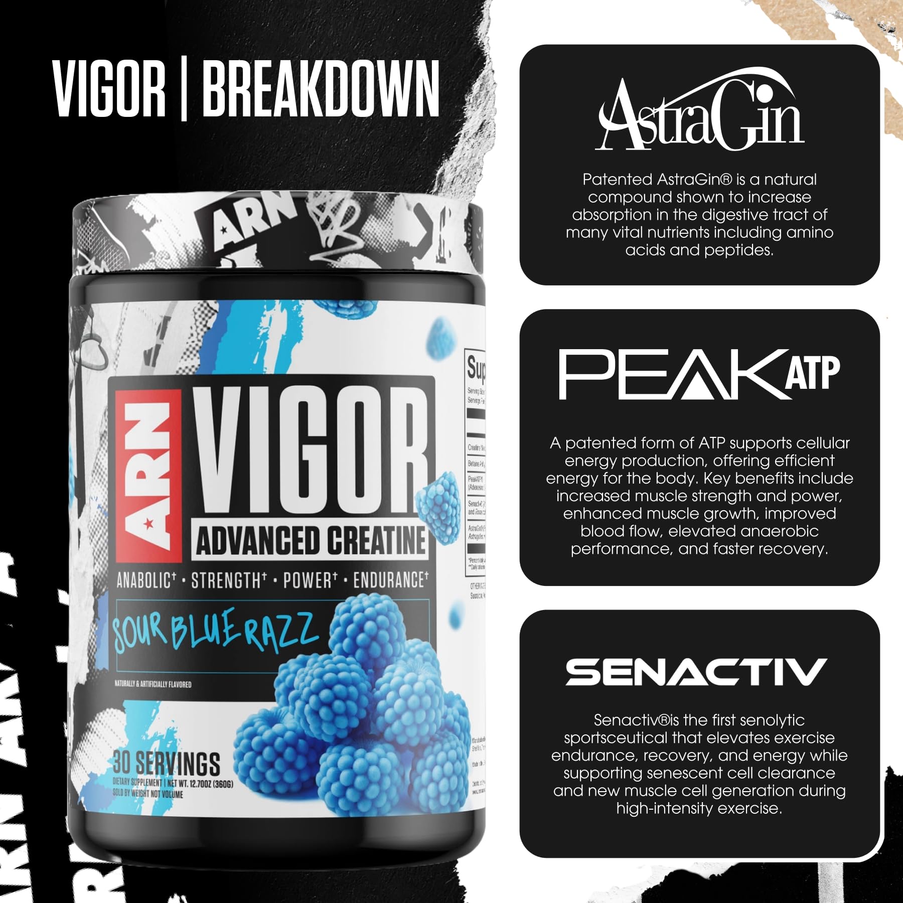 Arms Race Nutrition Vigor ingredient panel highlighting 5g creatine monohydrate and 2.5g betaine anhydrous