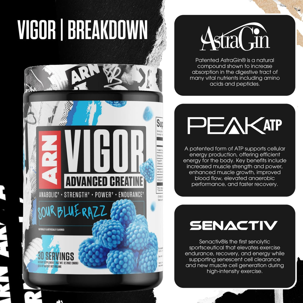 Arms Race Nutrition Vigor ingredient panel highlighting 5g creatine monohydrate and 2.5g betaine anhydrous