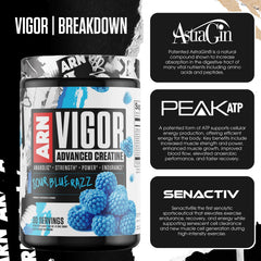 Arms Race Nutrition Vigor ingredient panel highlighting 5g creatine monohydrate and 2.5g betaine anhydrous