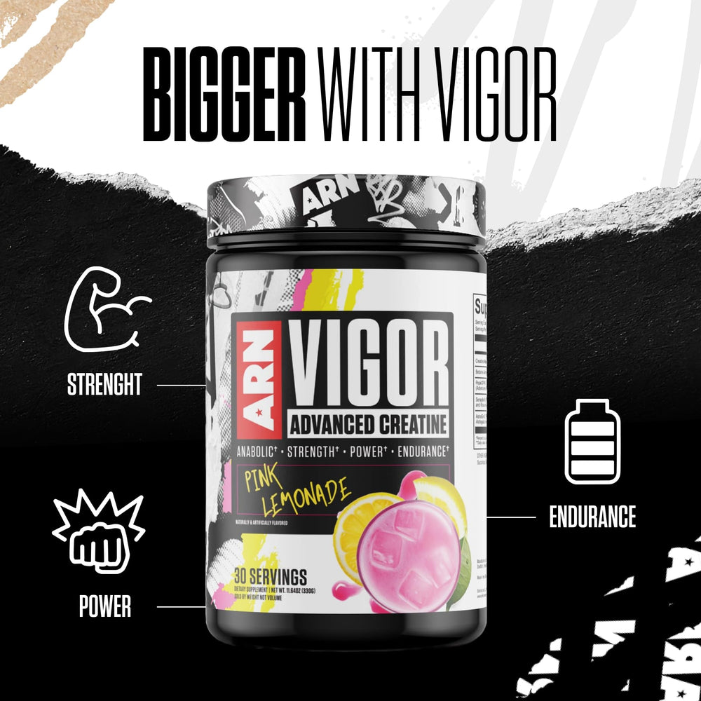 Arms Race Nutrition Vigor mixed pink lemonade shake ready for pre- or post-workout