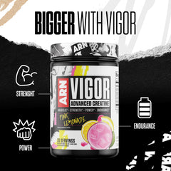 Arms Race Nutrition Vigor mixed pink lemonade shake ready for pre- or post-workout