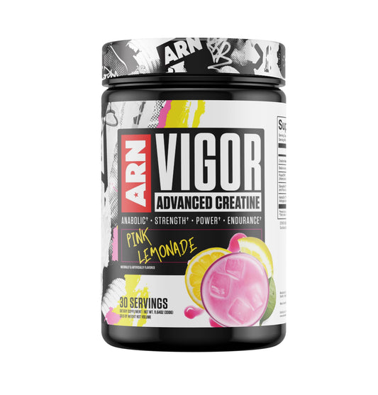 Arms Race Nutrition Vigor pink lemonade tub front view for daily training support