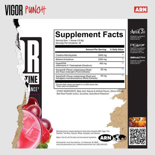 Arms Race Nutrition Vigor scoop showing convenient daily serving
