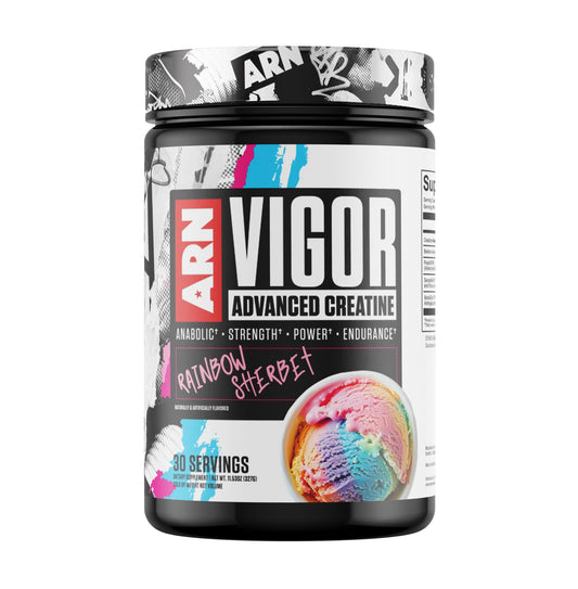 Arms Race Nutrition Vigor bottle label showing 30 servings for training sessions