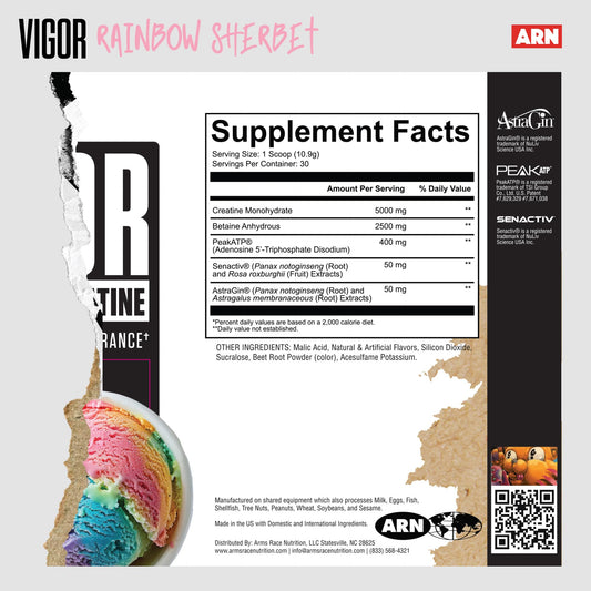 Arms Race Nutrition Vigor scoop dispensing powder for quick shakes