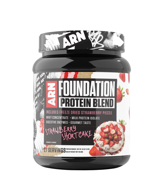 Arms Race Foundation Protein Blend bottle front shows Strawberry Shortcake flavor and 24g protein.