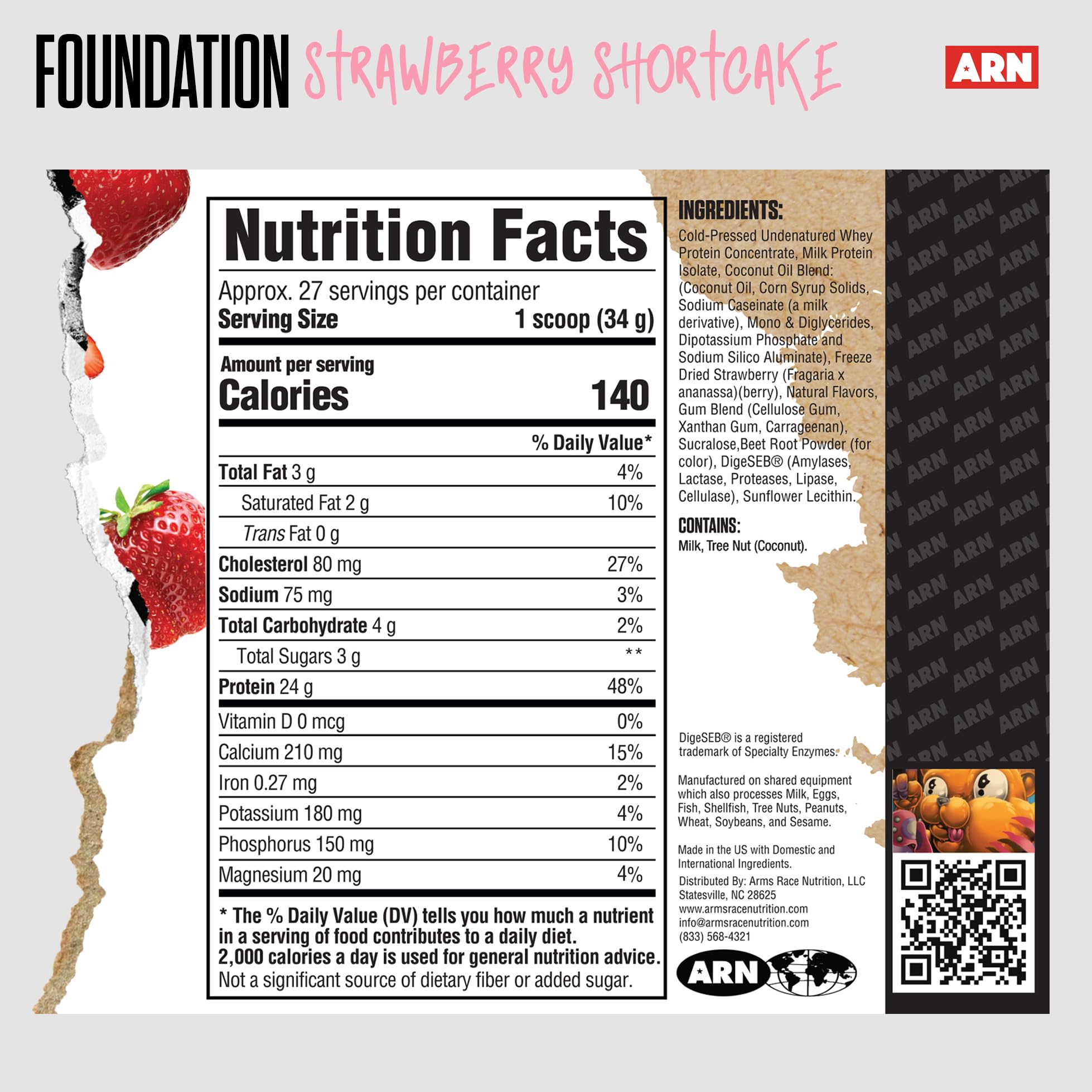 Arms Race Foundation Protein Blend label highlights ingredients and nutrition.