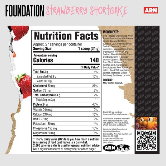 Arms Race Foundation Protein Blend label highlights ingredients and nutrition.