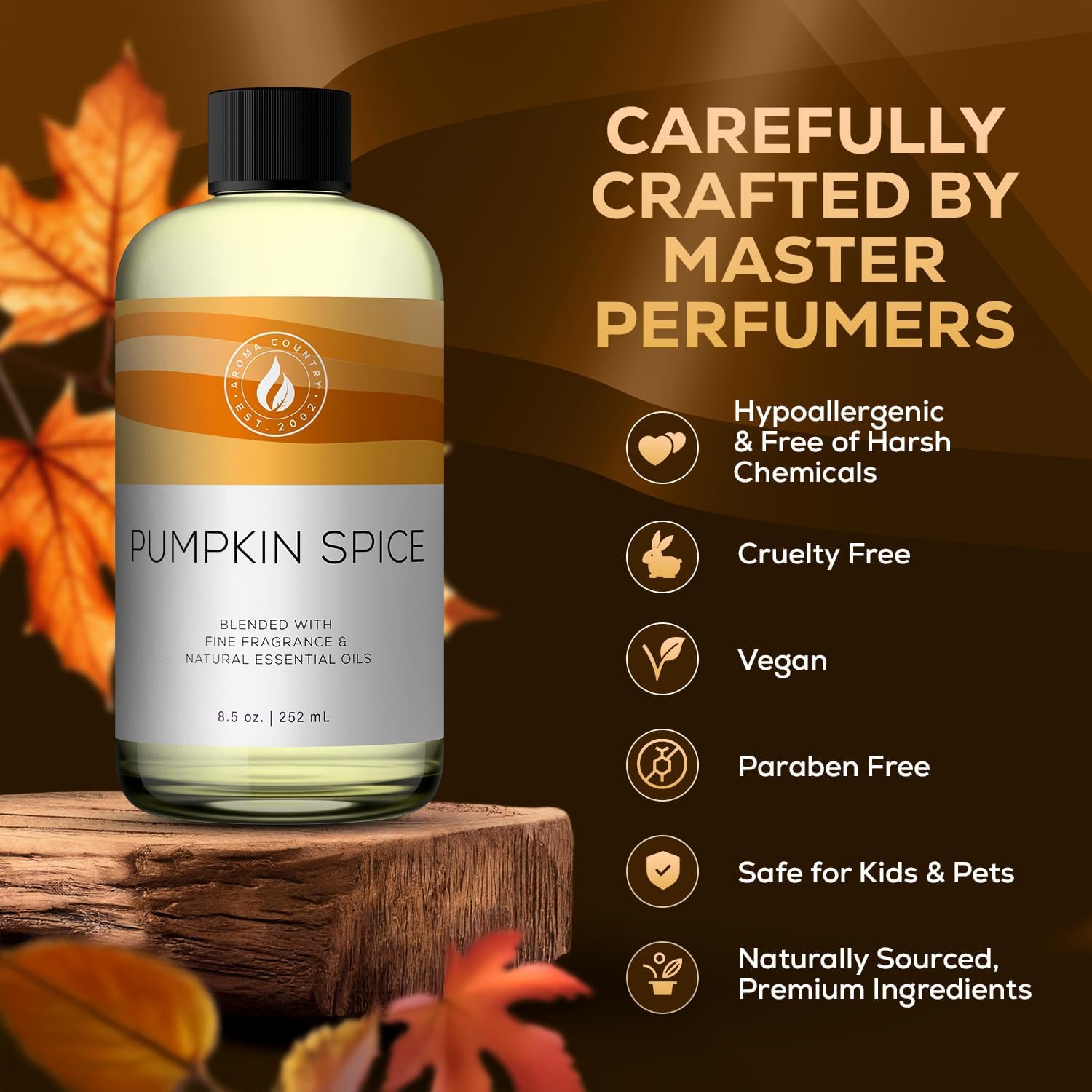 AROMA COUNTRY Pumpkin Spice bottle on a fall-themed setup.