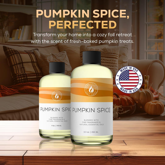 AROMA COUNTRY Pumpkin Spice diffuser oil being poured into a diffuser for inviting fragrance.