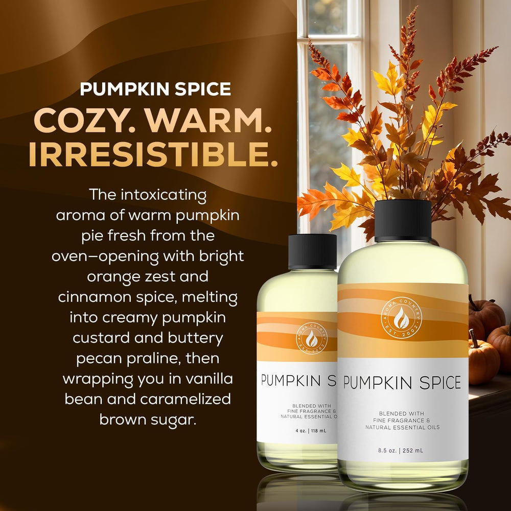 AROMA COUNTRY Pumpkin Spice room spray bottle releasing warm autumn fragrance in a living room.