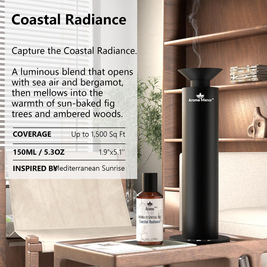 Aroma Manor Coastal Radiance diffuser setup demonstrates rapid diffusion in a modern room