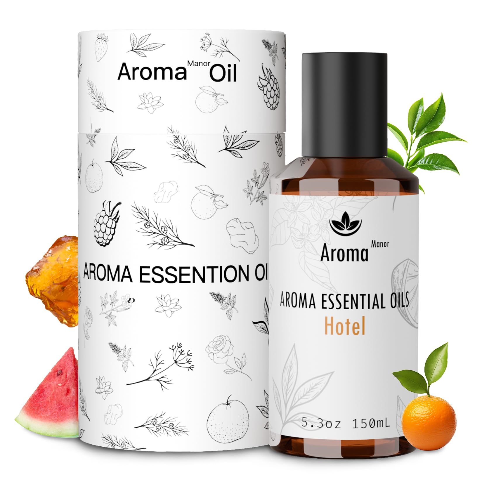 Aroma Manor Hotel Diffuser Oil bottle shows Clementine and Santal blend for hotel-grade ambiance.