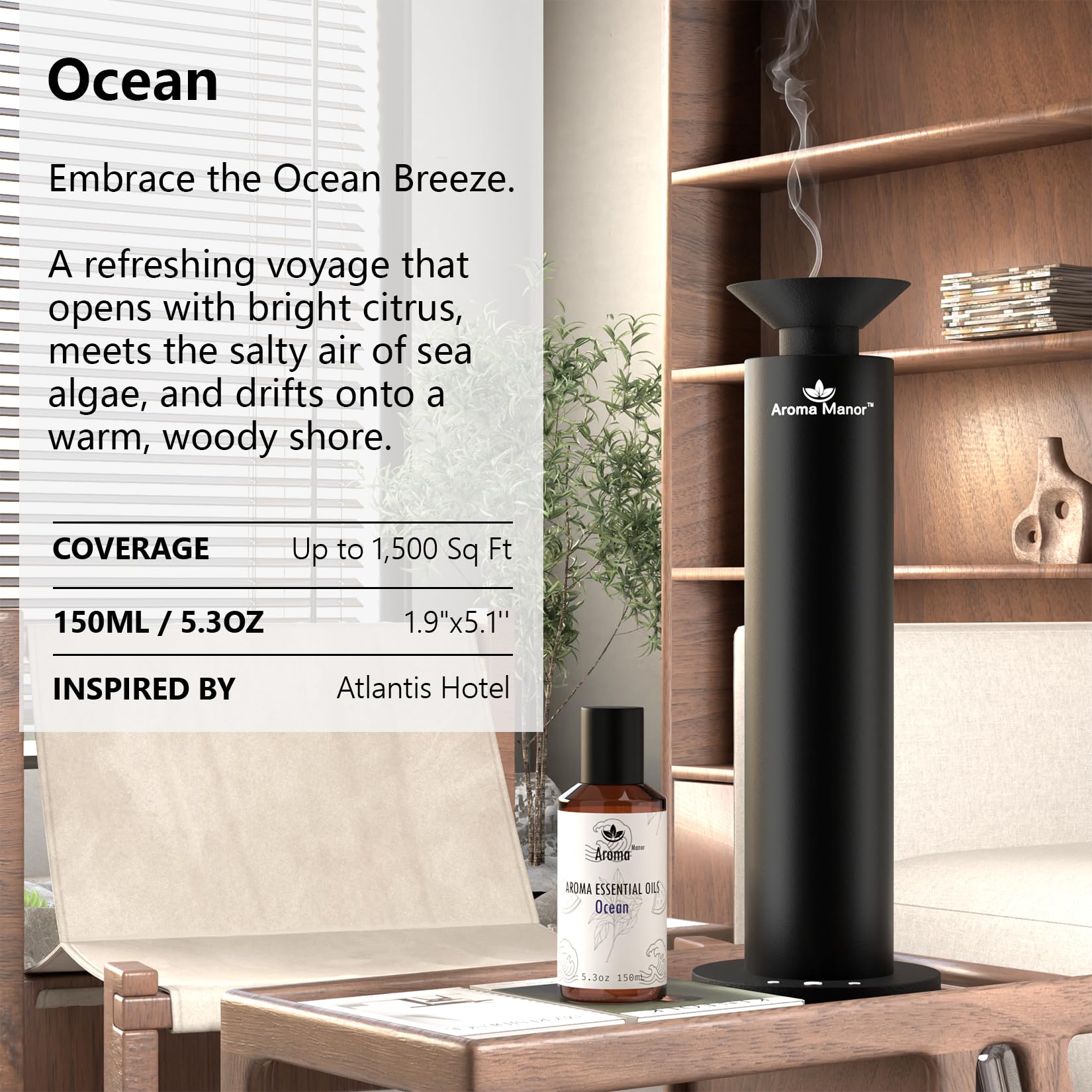 Aroma Manor Ocean diffuser oil amber accent creating warm ambience.