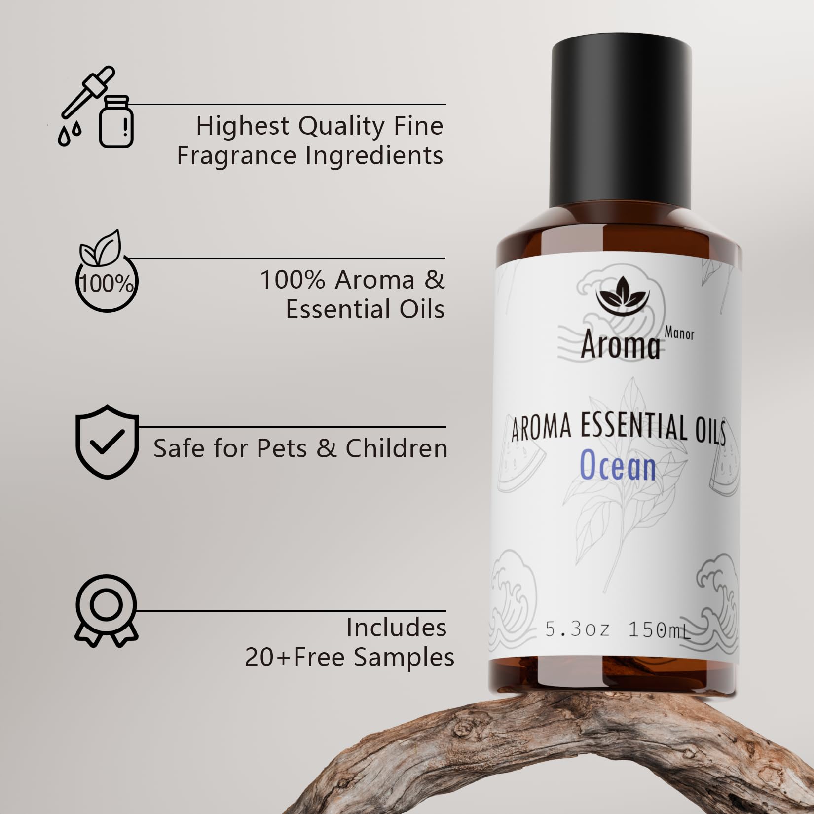 Aroma Manor Ocean diffuser oil droplets drifting through air.