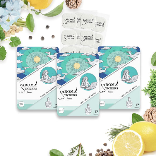 AROMA STICKERS Original Blend Focus bottle close-up showing natural lemongrass scent for focus
