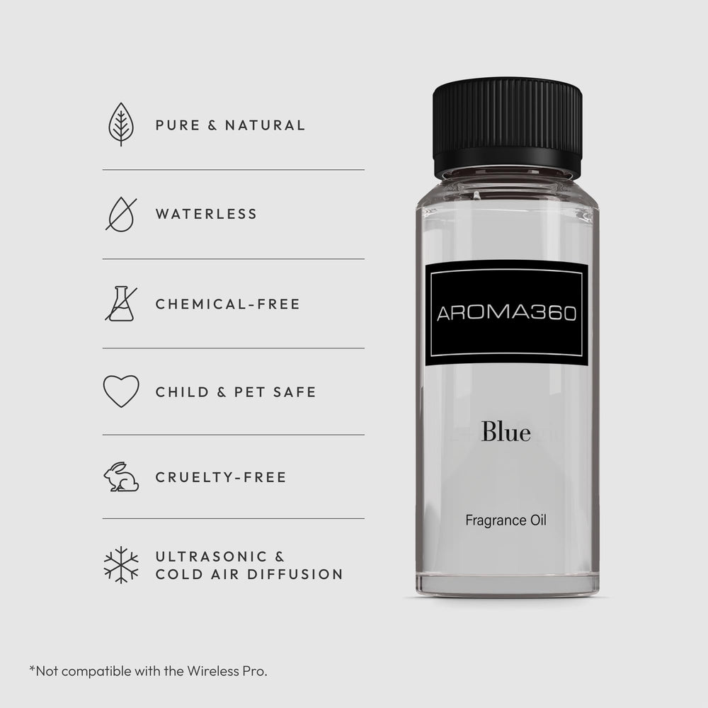 Aroma360 Blue diffuser oil blend reeds distributing continuous aroma.