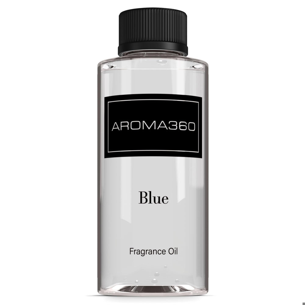 Aroma360 Blue diffuser oil bottle highlights rich fragrance for inviting spaces.