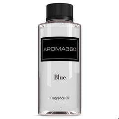 Aroma360 Blue diffuser oil bottle highlights rich fragrance for inviting spaces.
