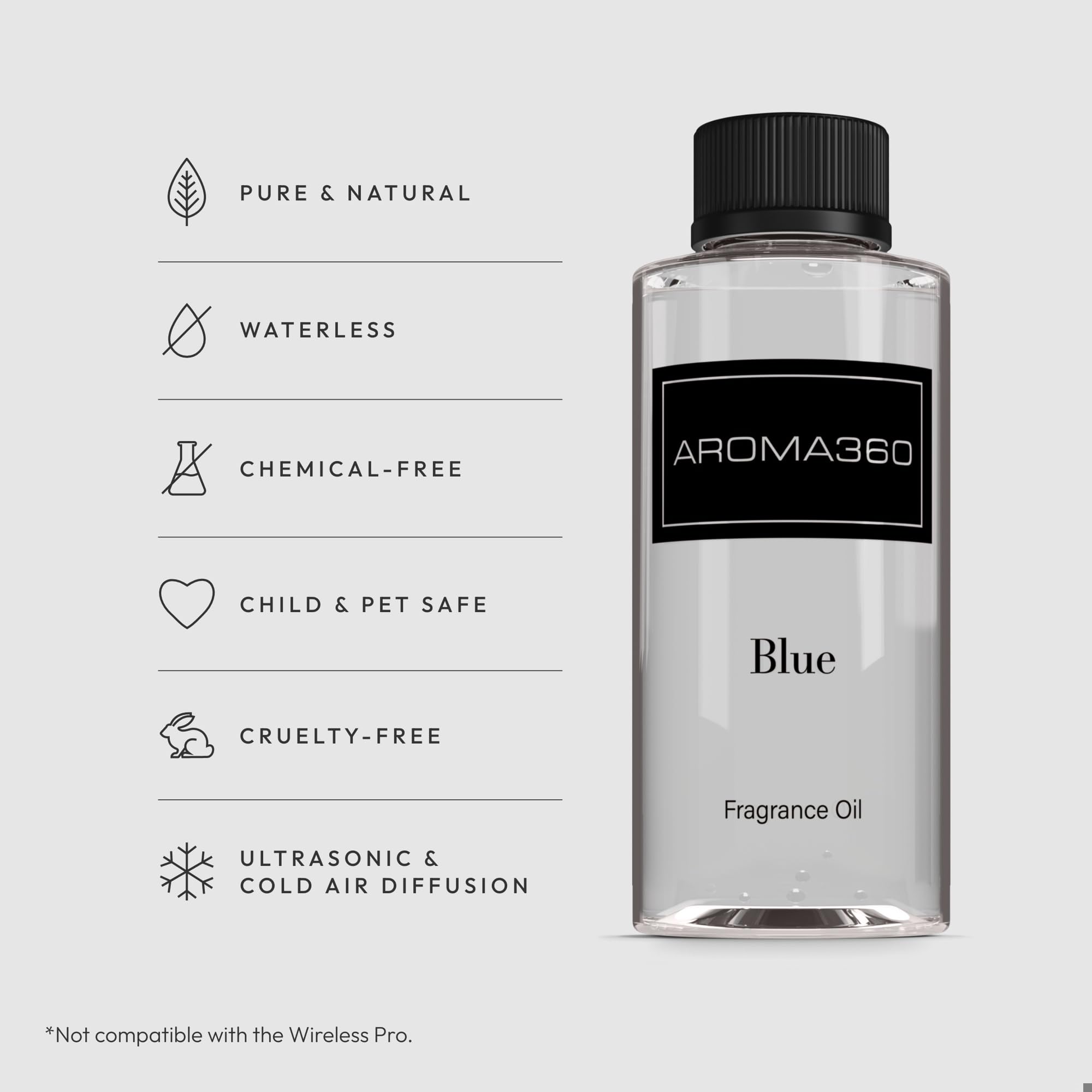 Aroma360 Blue diffuser oil closeup shows elegant amber color and premium blend.